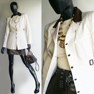 Cache Tan Linen Blazer w/ Lambskin Leather collar